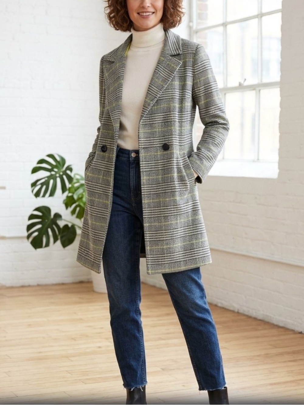 MELLODAY Gray Plaid Double-Button Blazer Coat